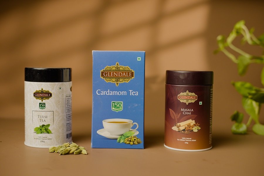 GLENDALE COMBO | Tulsi Tea Tin 100g (Pack of 1) | Masala Chai Tea Tin 100g (Pack of 1) | Cardamom Tea - 25 Enveloped Tea Bags (Pack of 1)