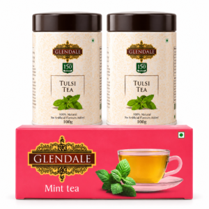 Buy 2 Get 1 Free - Buy Glendale Tulsi Tea Tin 100g (Pack of 2) 150 Years Heritage | Get GLENDALE Mint Tea | 25 Enveloped Tea Bags | Pack of 1