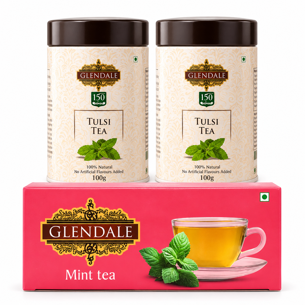 Buy 2 Get 1 Free - Buy Glendale Tulsi Tea Tin 100g (Pack of 2) 150 Years Heritage | Get GLENDALE Mint Tea | 25 Enveloped Tea Bags | Pack of 1