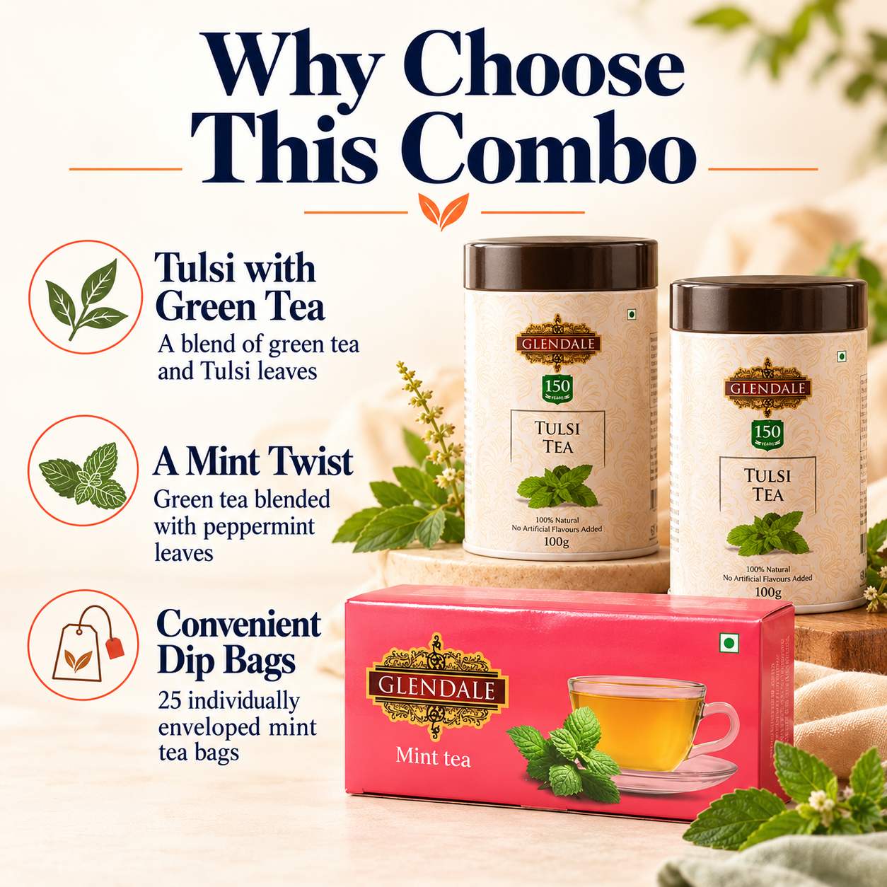 Buy 2 Get 1 Free - Buy Glendale Tulsi Tea Tin 100g (Pack of 2) 150 Years Heritage | Get GLENDALE Mint Tea | 25 Enveloped Tea Bags | Pack of 1 - Image 7