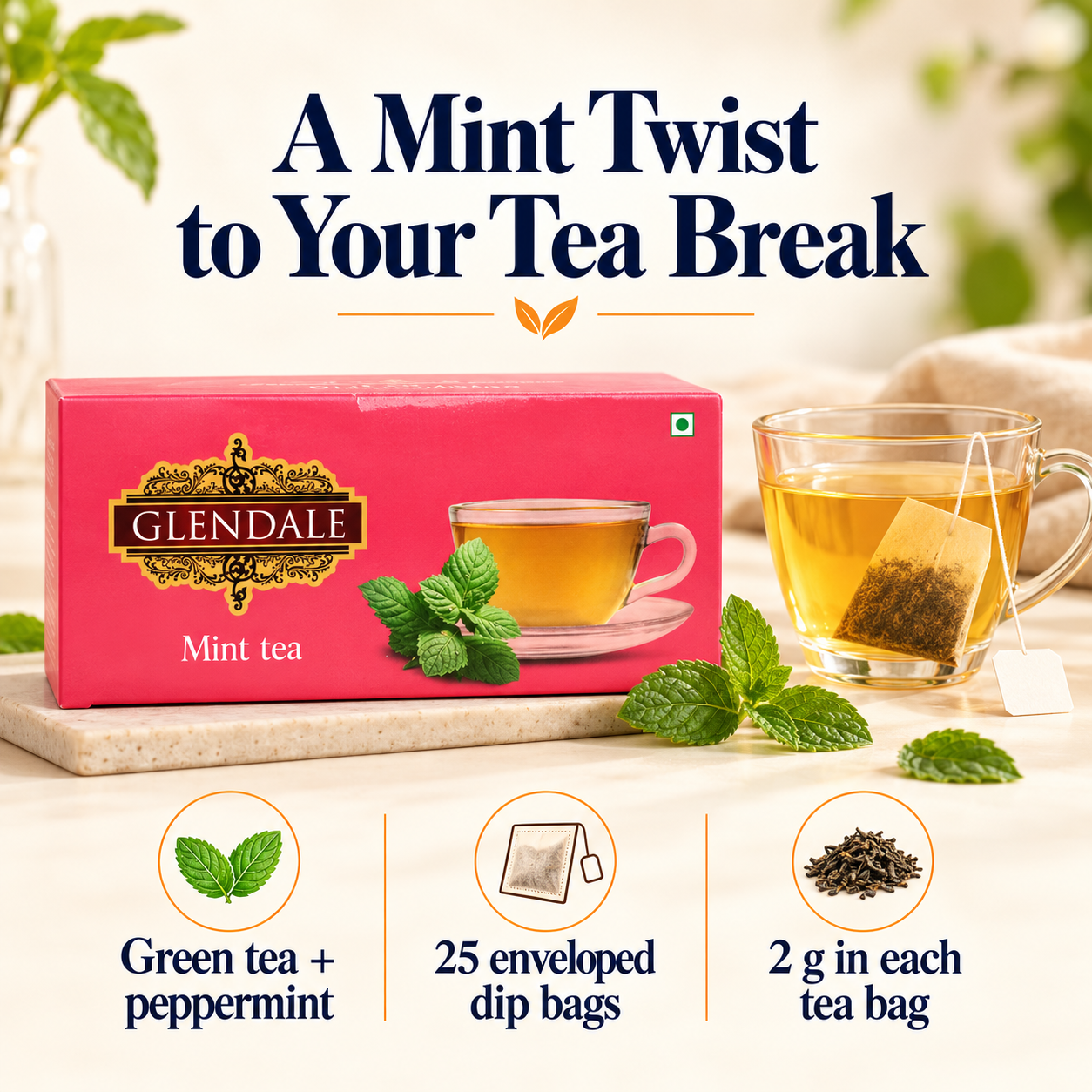 Buy 2 Get 1 Free - Buy Glendale Tulsi Tea Tin 100g (Pack of 2) 150 Years Heritage | Get GLENDALE Mint Tea | 25 Enveloped Tea Bags | Pack of 1 - Image 4
