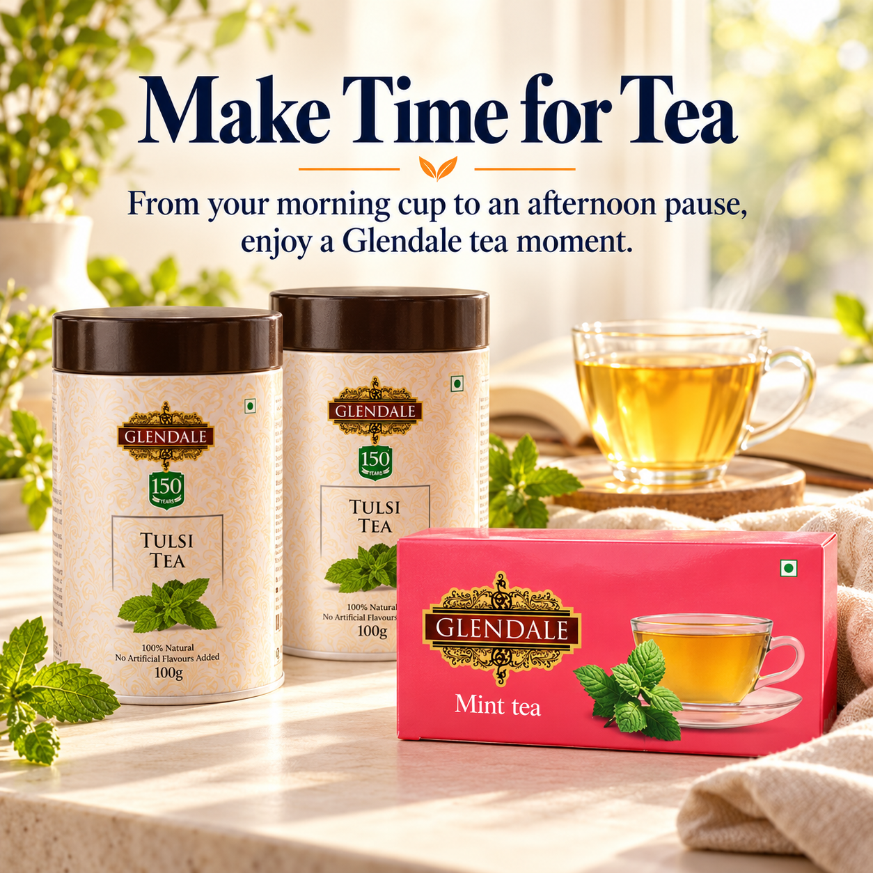 Buy 2 Get 1 Free - Buy Glendale Tulsi Tea Tin 100g (Pack of 2) 150 Years Heritage | Get GLENDALE Mint Tea | 25 Enveloped Tea Bags | Pack of 1 - Image 2